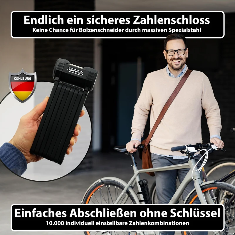 KOHLBURG Fahrrad Faltschloss - 110cm Zahlen bolzenschneidersicher
