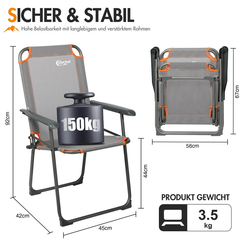 Portal Camping Klappstuhl faltbar 150kg Orange Grau