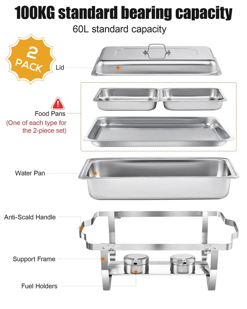 WENMILY Chafing Dish Set Warmhaltebehälter – 2x Quadrat Silber 9L