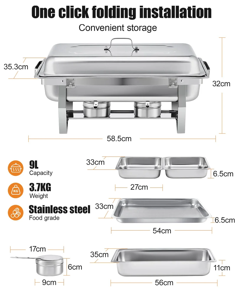 WENMILY Chafing Dish Set Warmhaltebehälter – 2x Quadrat Silber 9L