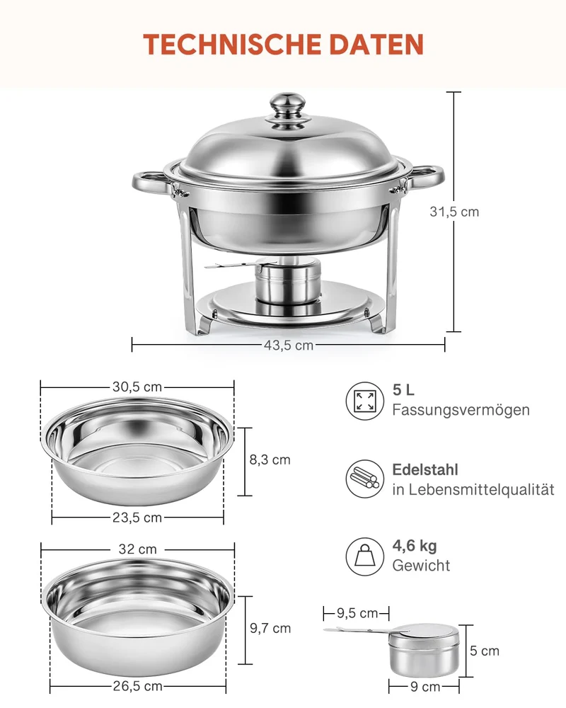 Wilprep Chafing Dish Set Speisenwärmer - 2er Set Rund 5L