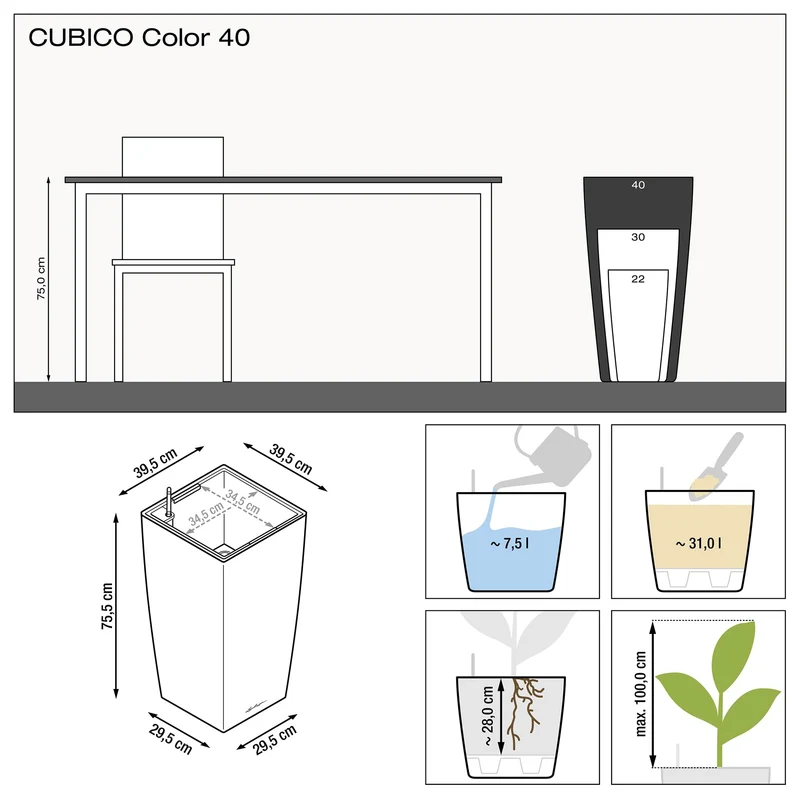 LECHUZA CUBICO Color 40 Blumenkübel mit Bewässerung - Schiefergrau