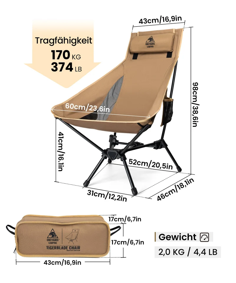 OneTigris TIGERBLADE Campingstuhl Hochlehner faltbar - Kojote Braun