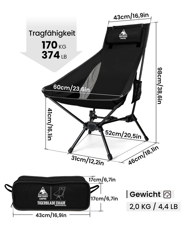 OneTigris TIGERBLADE Hochlehner Campingstuhl Ultraleicht - Schwarz