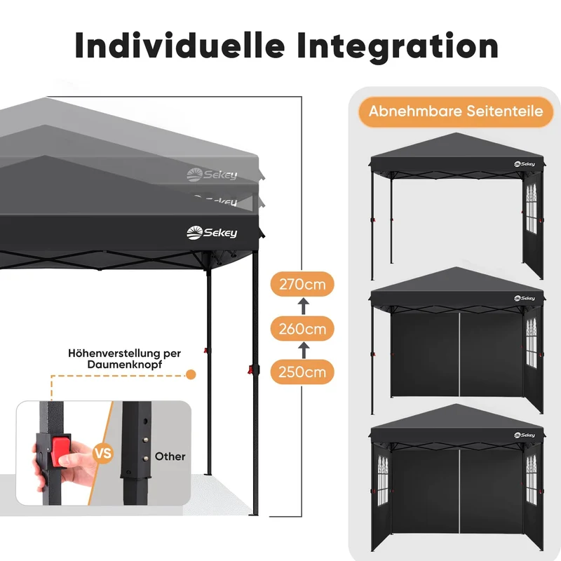 Sekey Premium Pop Up Pavillon 3x3 m mit Seitenwänden – Schwarz