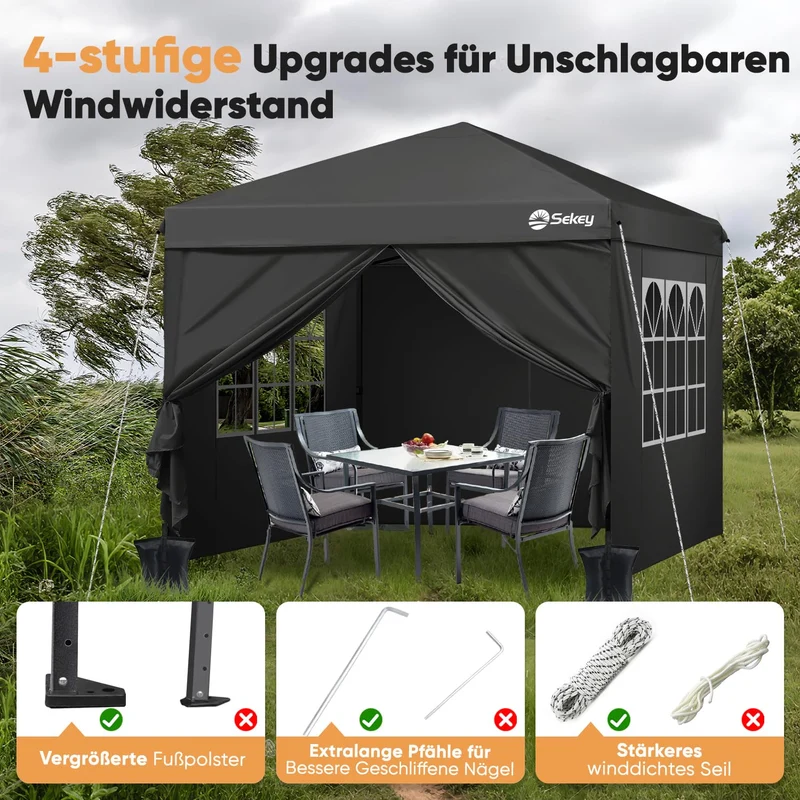 Sekey Premium Pop Up Pavillon 3x3 m mit Seitenwänden – Schwarz