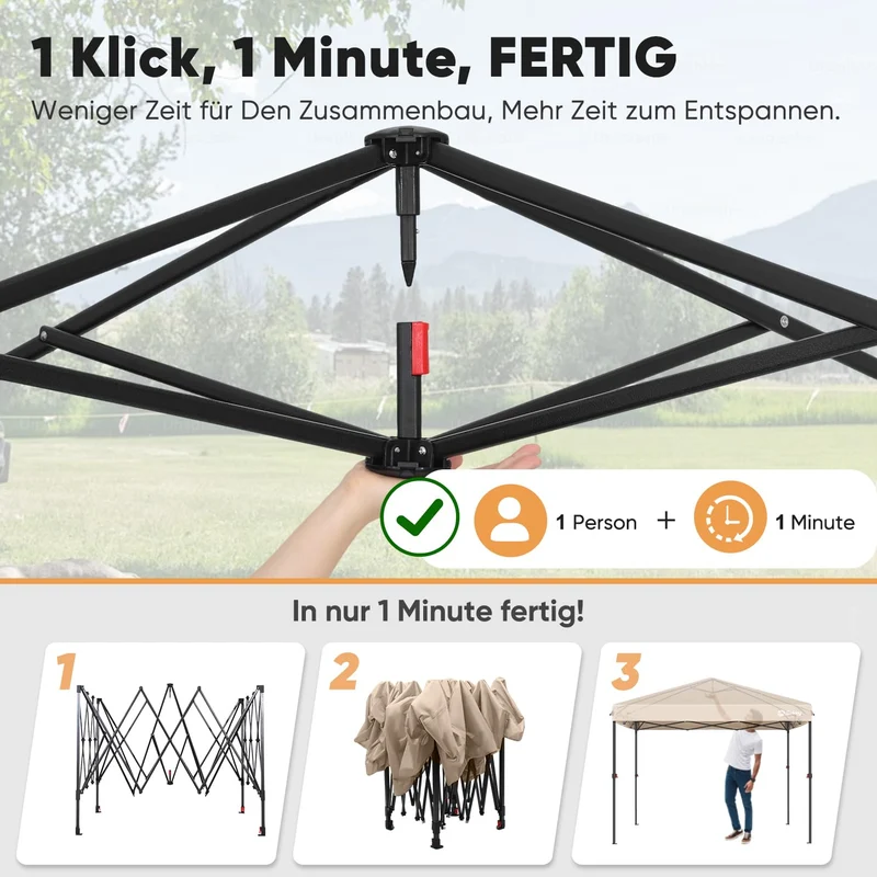 Sekey Pop Up Pavillon 3x3 m mit Seitenwänden - Khaki