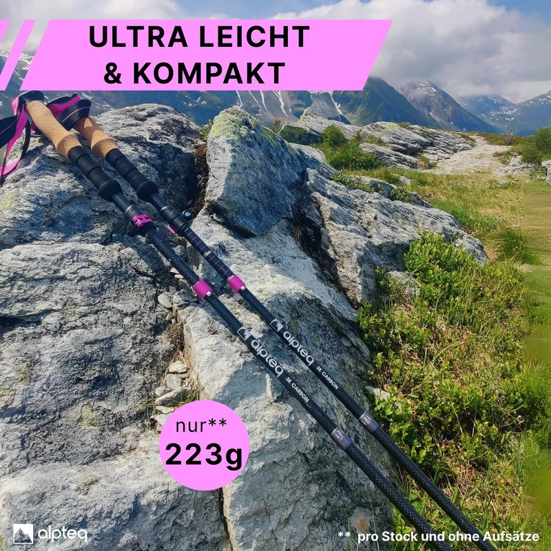 Alpteq Wanderstöcke faltbar Carbon Korkgriff Hot Pink 100-120cm