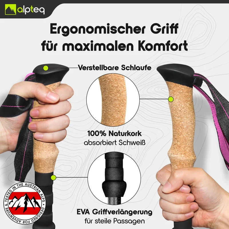 Alpteq Wanderstöcke faltbar Carbon Korkgriff Hot Pink 100-120cm