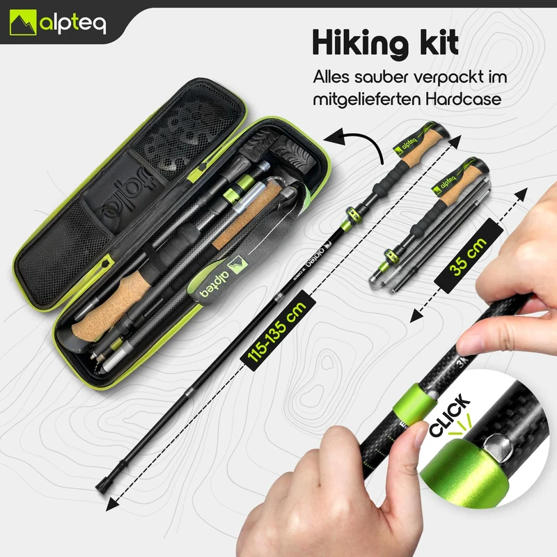 Alpteq Wanderstöcke faltbar Carbon 115-135 cm - Lime Green