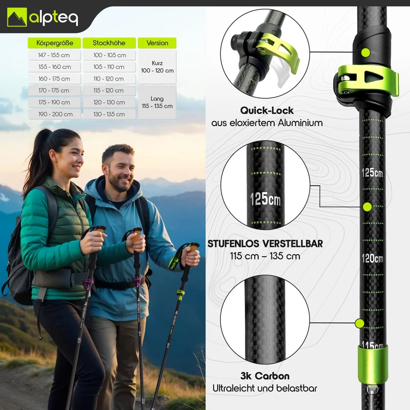 Alpteq Wanderstöcke faltbar Carbon 115-135 cm - Lime Green
