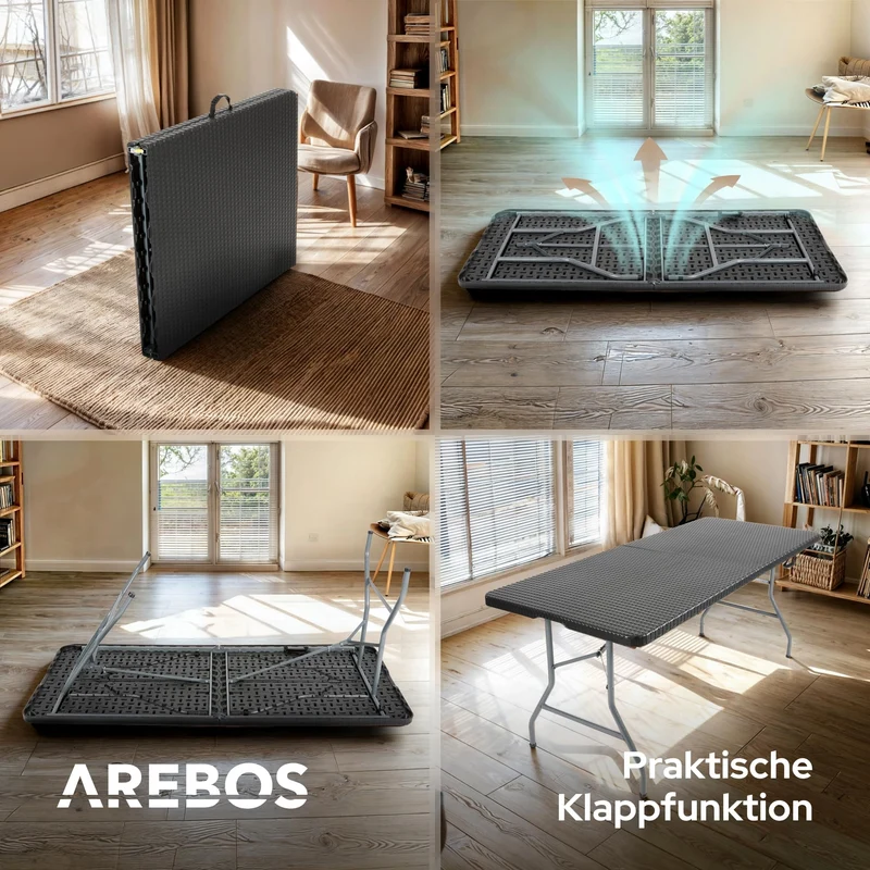 Arebos Buffettisch Klappbar Rattan Optik Schwarz 182x74 cm
