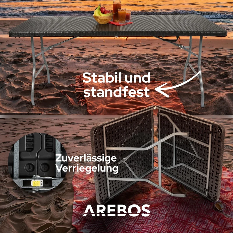 Arebos Buffettisch Klappbar Rattan Optik Schwarz 182x74 cm