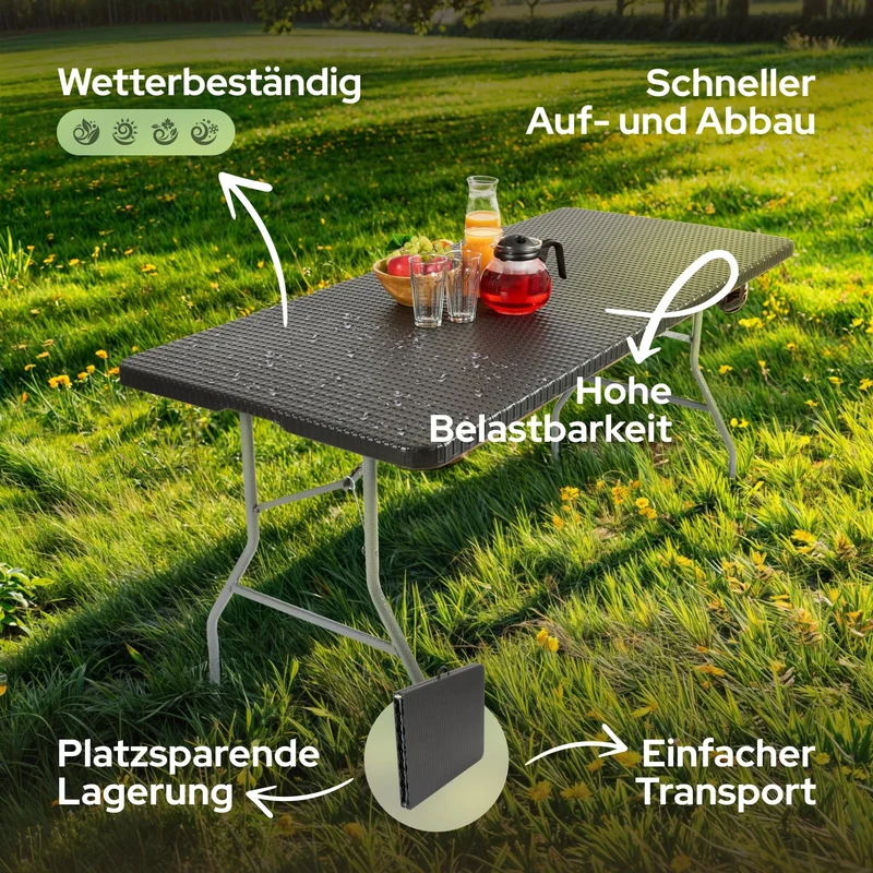 Arebos Buffettisch Klappbar Rattan Optik Schwarz 182x74 cm