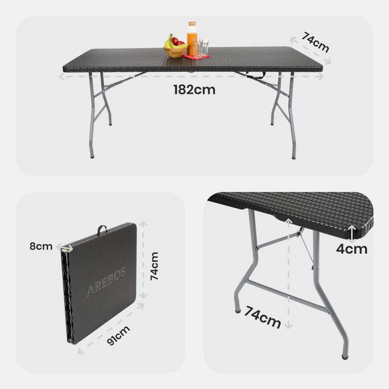 Arebos Buffettisch Klappbar Rattan Optik Schwarz 182x74 cm