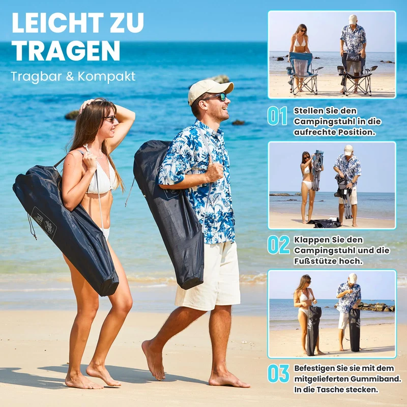 WEJOY 2-in-1 Campingstuhl mit Fussstuetze Faltbar Schwarz/Grau