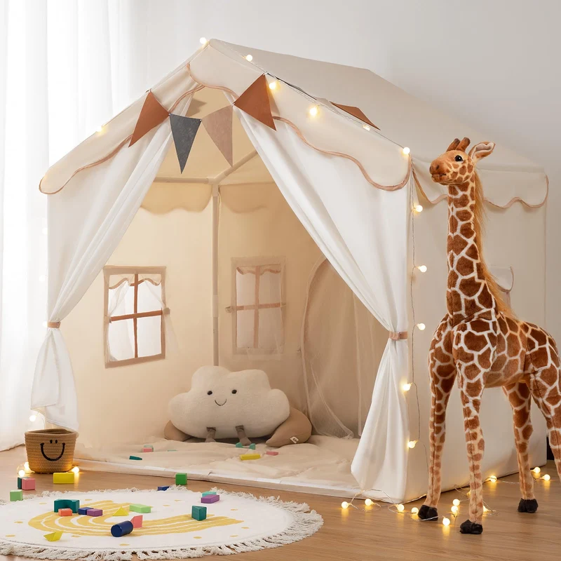 besrey 2 IN 1 Kinderzelt – Spielhaus beige mit Lichtern