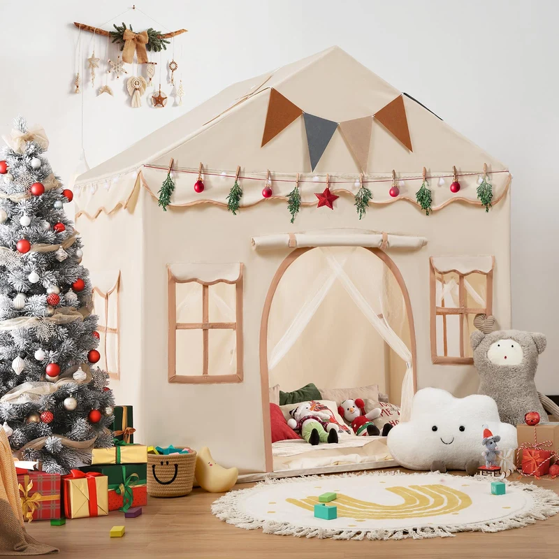 besrey 2 IN 1 Kinderzelt – Spielhaus beige mit Lichtern