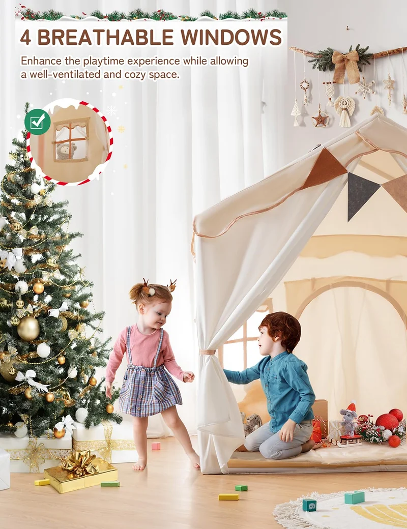 besrey 2 IN 1 Kinderzelt – Spielhaus beige mit Lichtern