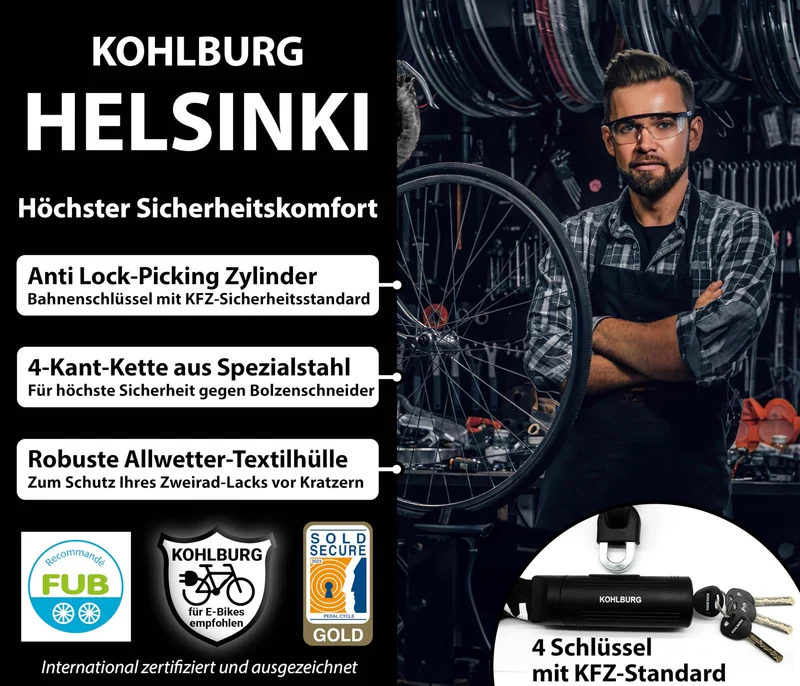 KOHLBURG Sicherheits-Kettenschloss 125cm 8.3mm – E-Bike Motorrad