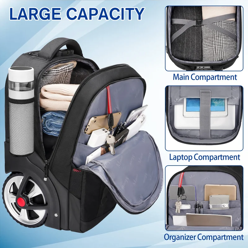 MATEIN Trolley Rucksack 17.3 Zoll mit Rollen – Schwarz für Reise & Arbeit