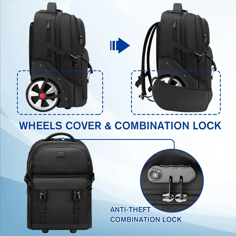 MATEIN Trolley Rucksack 17.3 Zoll mit Rollen – Schwarz für Reise & Arbeit
