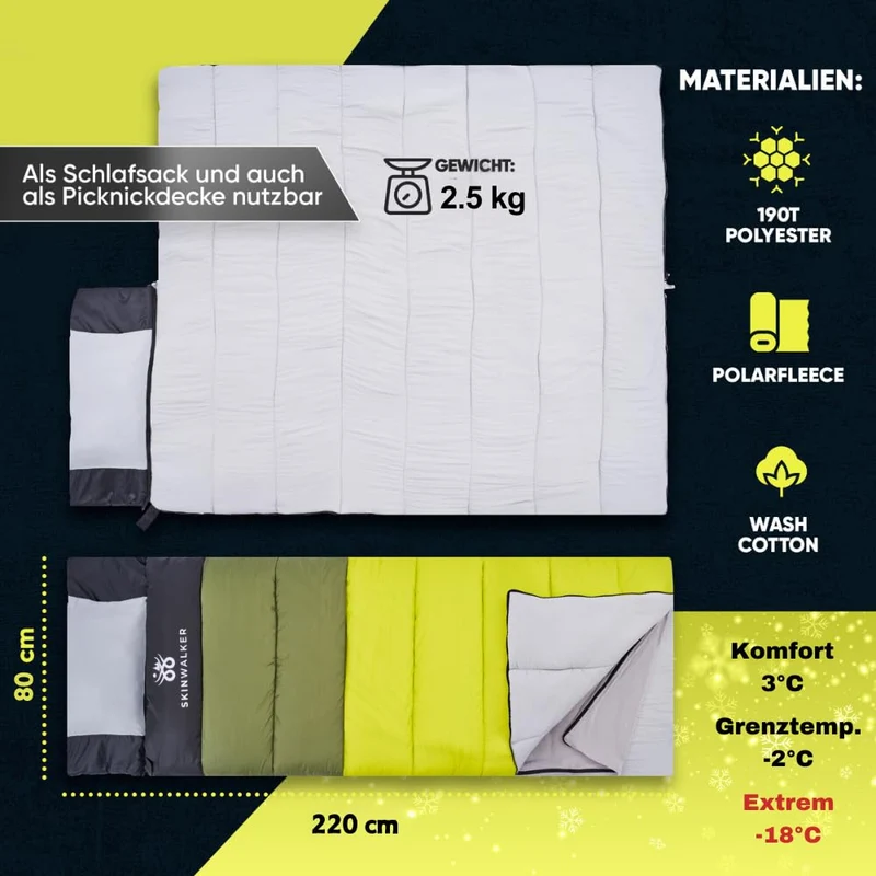 SkinWalker Deckenschlafsack 3-4 Jahreszeiten – Abnehmbares Polarfleece