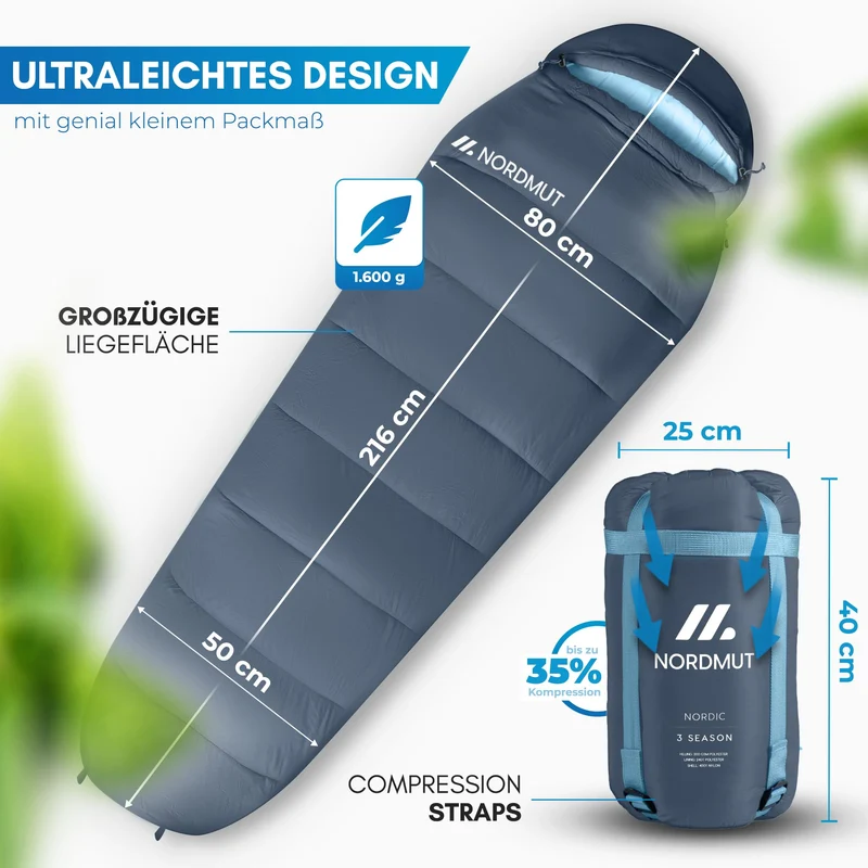 NORDMUT® Ultraleicht Mumienschlafsack - 3-Jahreszeiten 250 GSM