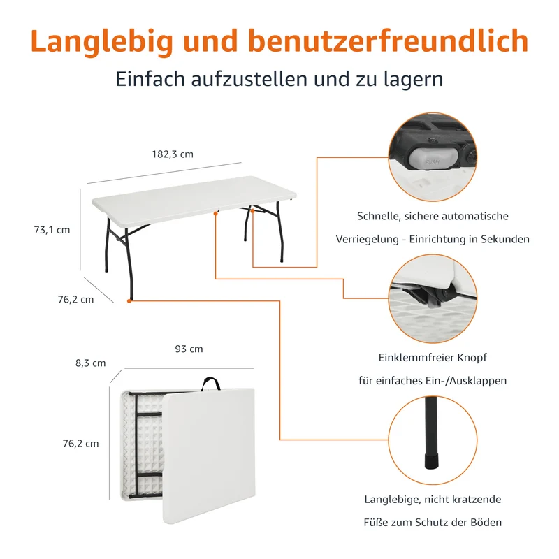 Amazon Basics Klapptisch rechteckig mit Tragegriff 182x75cm Weiss