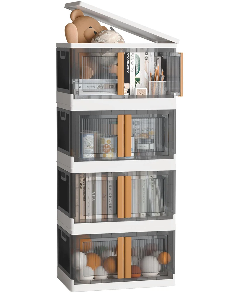 NETEL Stapelbox Set 72L, 4x – Durchsichtig, Faltbar mit Tür & Rollen