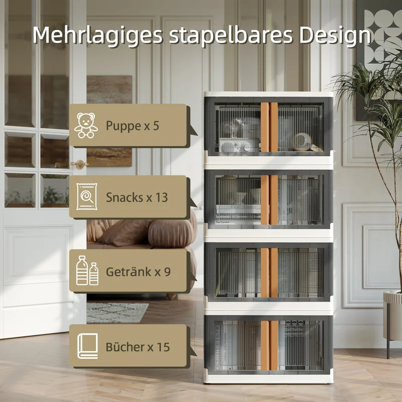 NETEL Stapelbox Set 72L, 4x – Durchsichtig, Faltbar mit Tür & Rollen