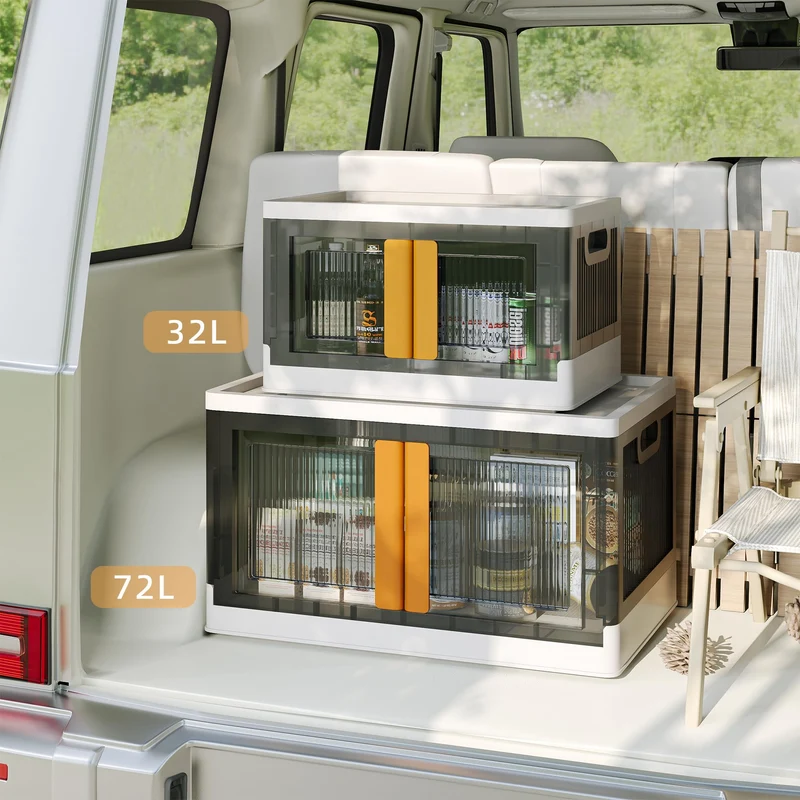 NETEL Stapelbox Set 72L, 4x – Durchsichtig, Faltbar mit Tür & Rollen