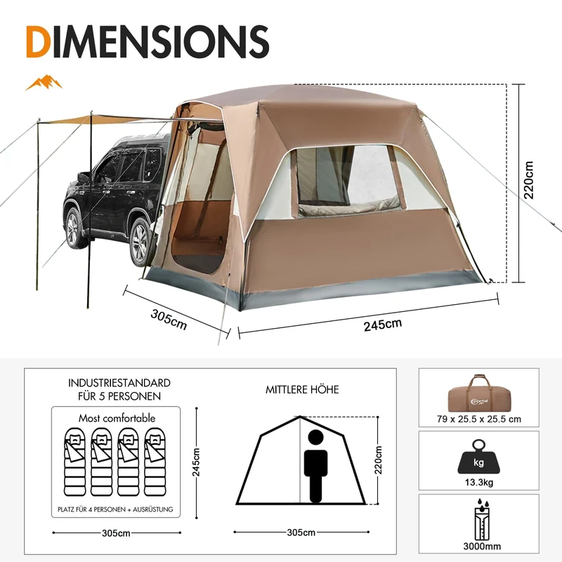 PORTAL Heckzelt 4-5 Personen – 2-in-1 Auto & Sonnensegel