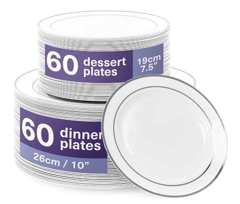 MATANA Plastikteller 120 Stk. – Weiss Silberrand, 2 Grössen