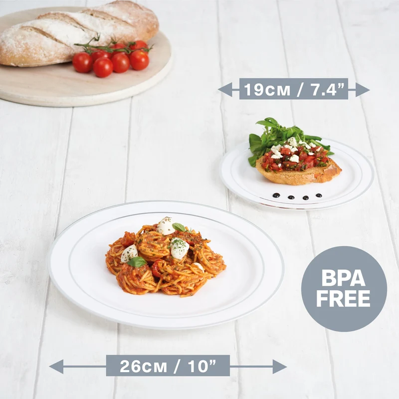 MATANA Plastikteller 120 Stk. – Weiss Silberrand, 2 Grössen