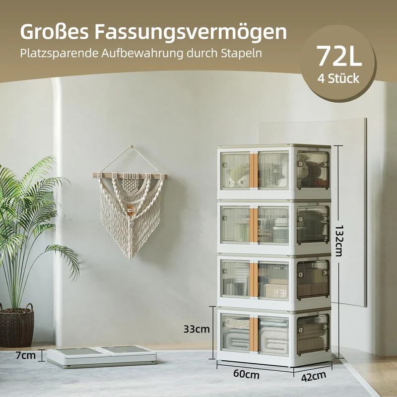 NETEL Faltbare Aufbewahrungsbox 72L – 4er Set Transparent mit Tür