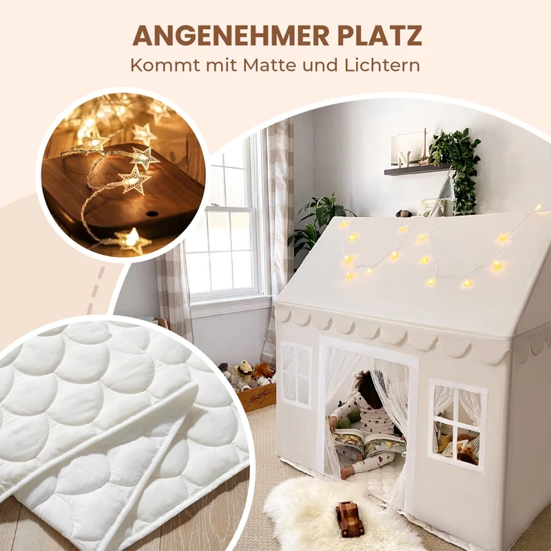 Tiny Land Kinder Spielzelt Indoor - Prinzessin mit Matte & Lichtern