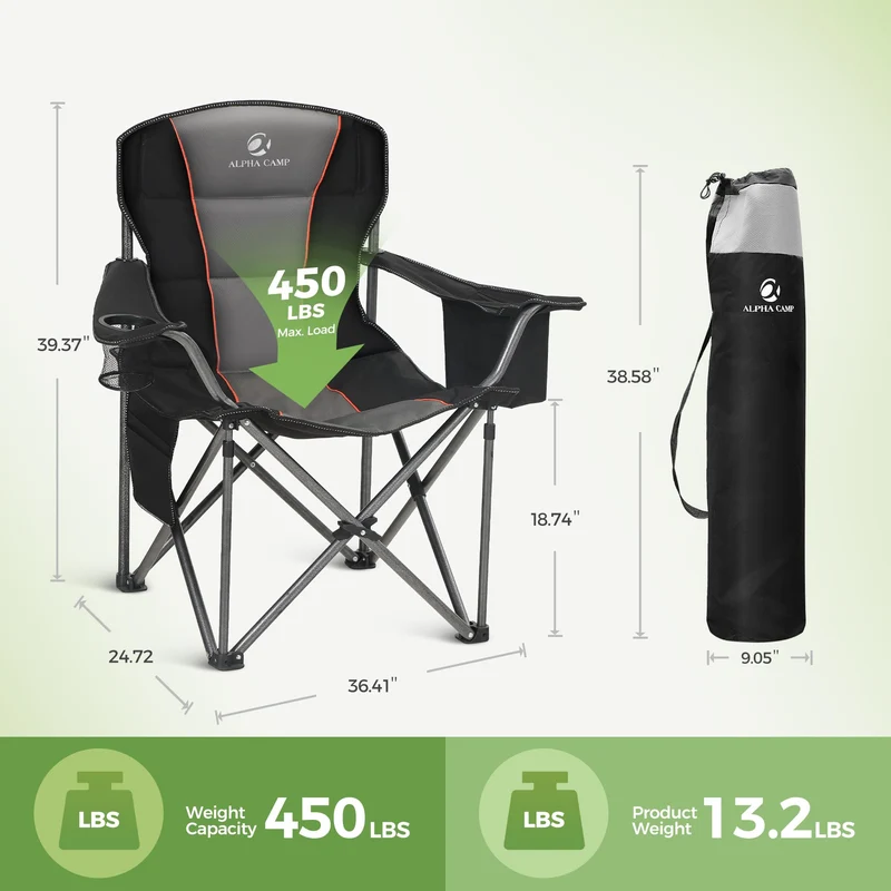 LET'S CAMP Campingstuhl Klappbar – Übergross, bis 200kg, Kühltasche