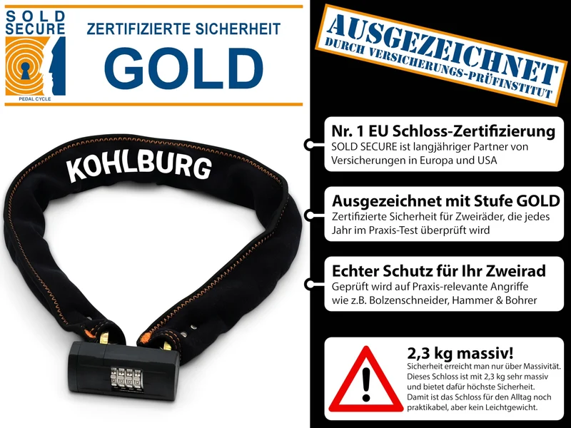 KOHLBURG Massives Zahlenschloss Kettenschloss 110cm Sold Secure GOLD