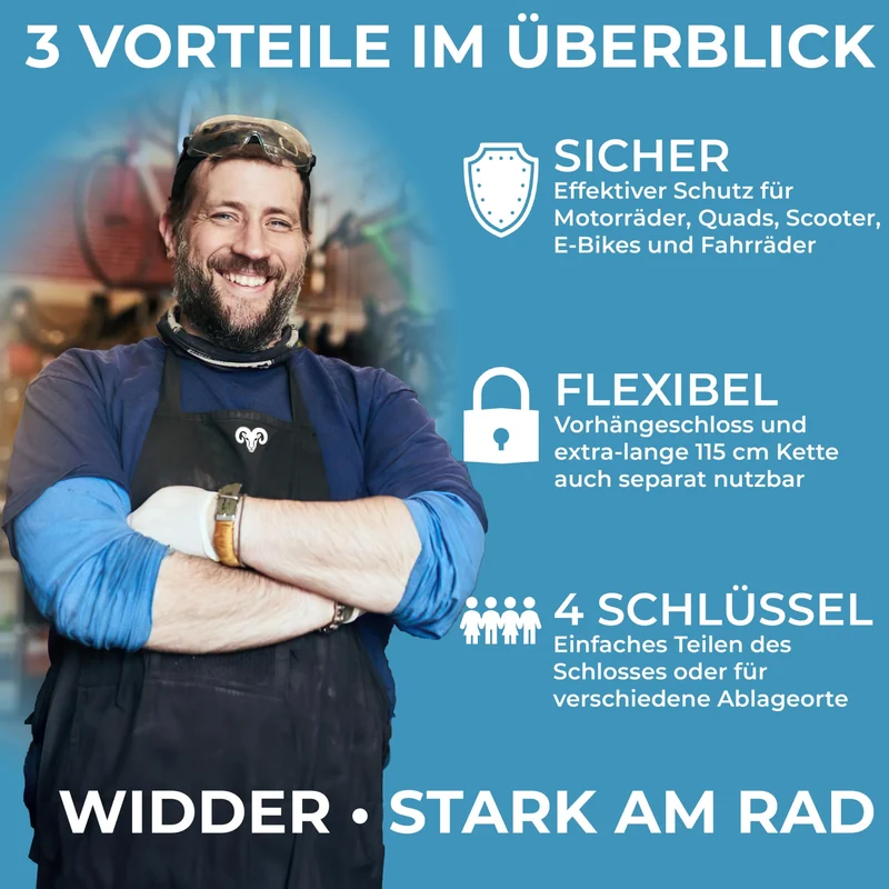 Widder Titan-Stahl Kettenschloss Level 15 Motorrad Fahrrad - 115cm 11mm