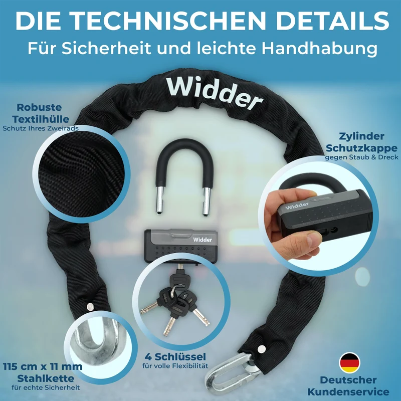Widder Titan-Stahl Kettenschloss Level 15 Motorrad Fahrrad - 115cm 11mm