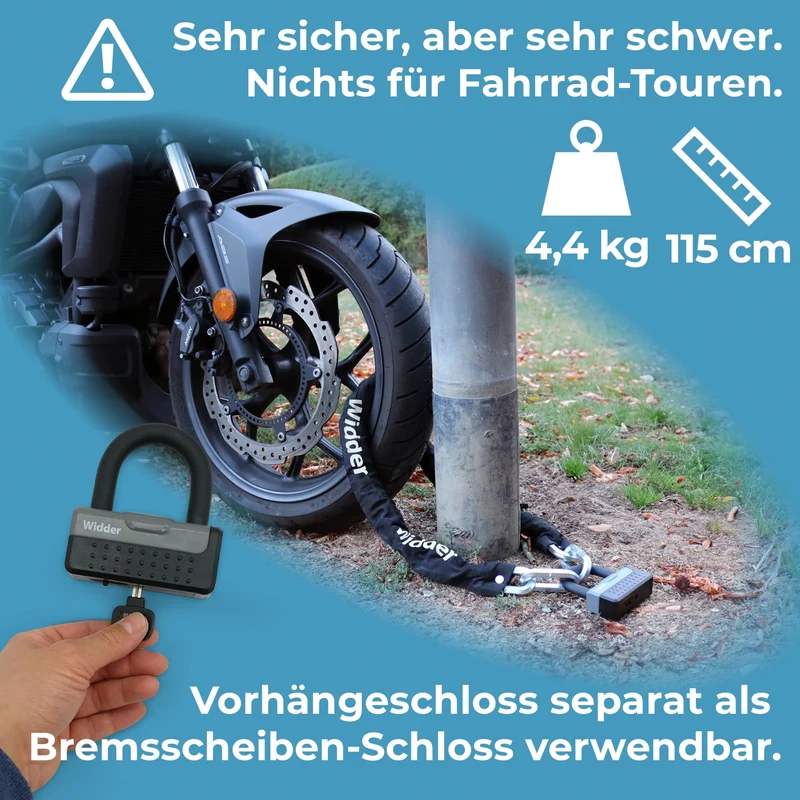 Widder Titan-Stahl Kettenschloss Level 15 Motorrad Fahrrad - 115cm 11mm