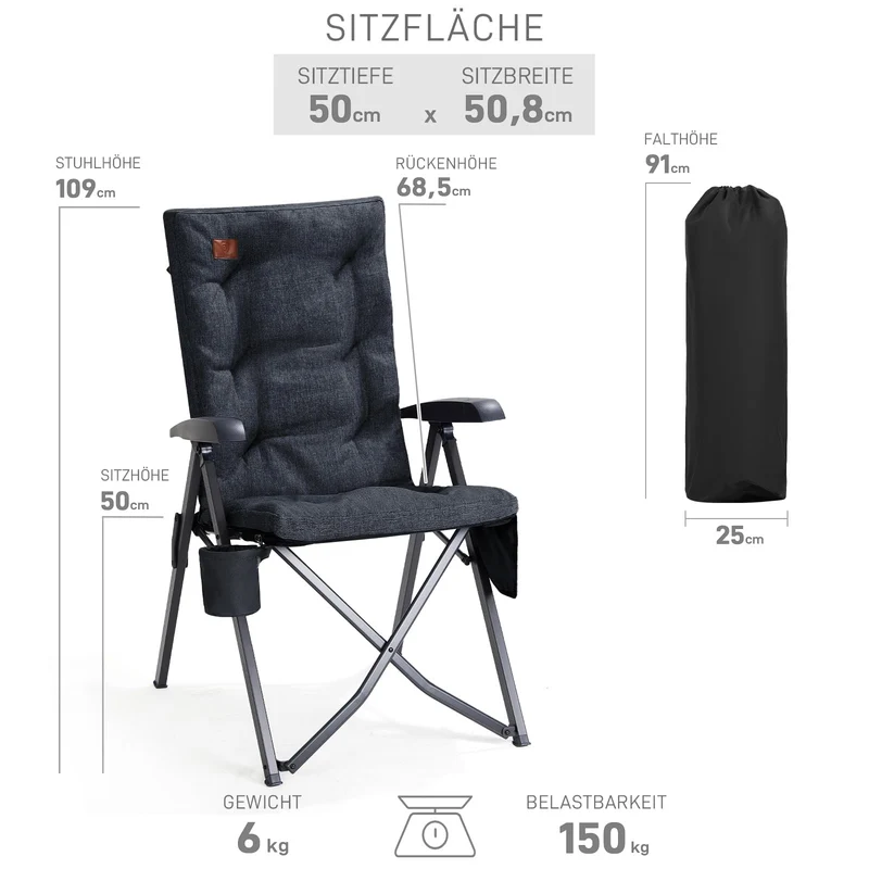 EVER ADVANCED Campingstuhl – Verstellbar, gepolstert, hohe Lehne